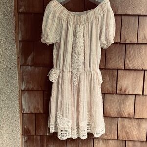 Chloe Laetitia Paris L Peasant Striped Gauze Romper Lace  Crochet Off Shoulder